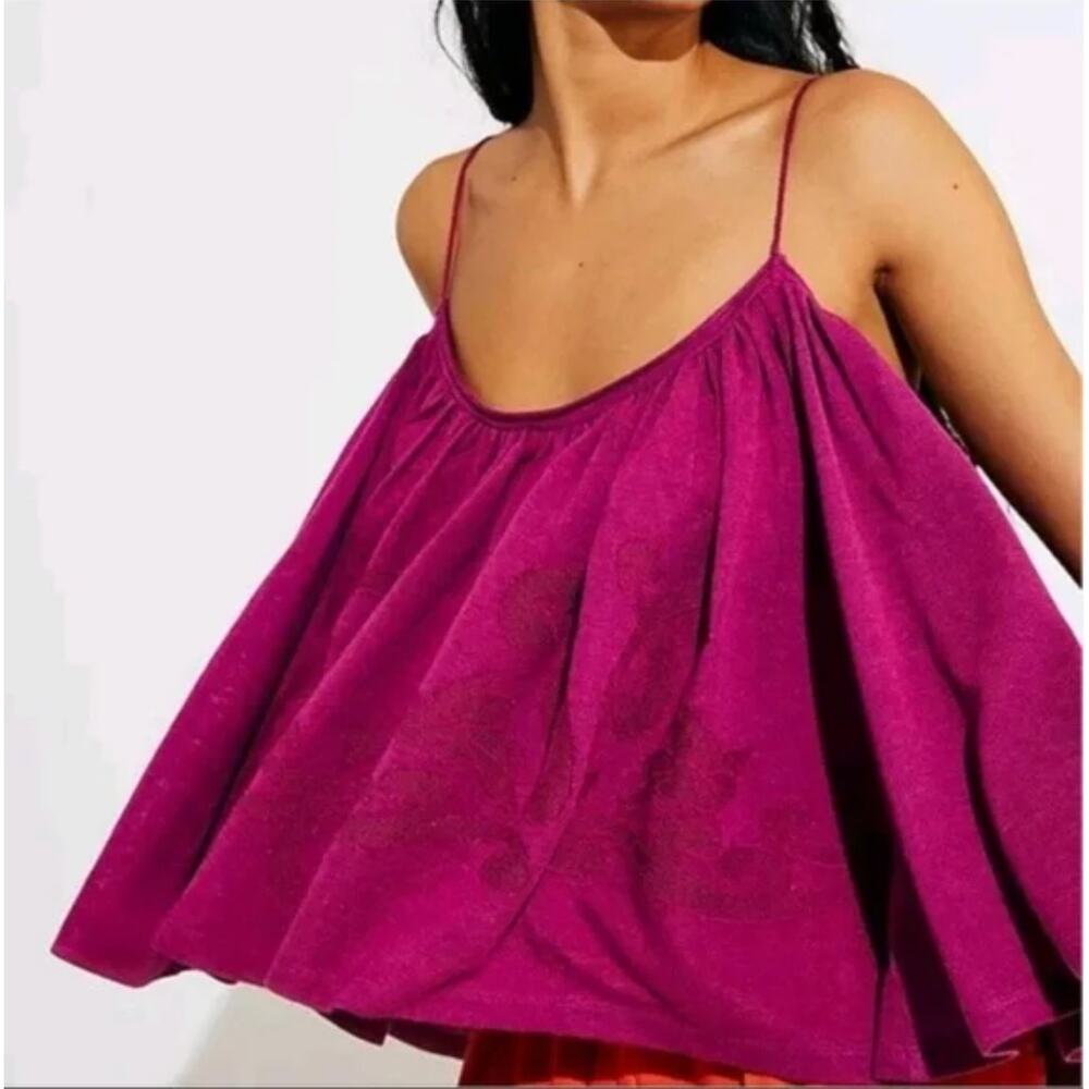 Free People On Clouds Magenta Flowy Embroidered Swing Tank Top Size M